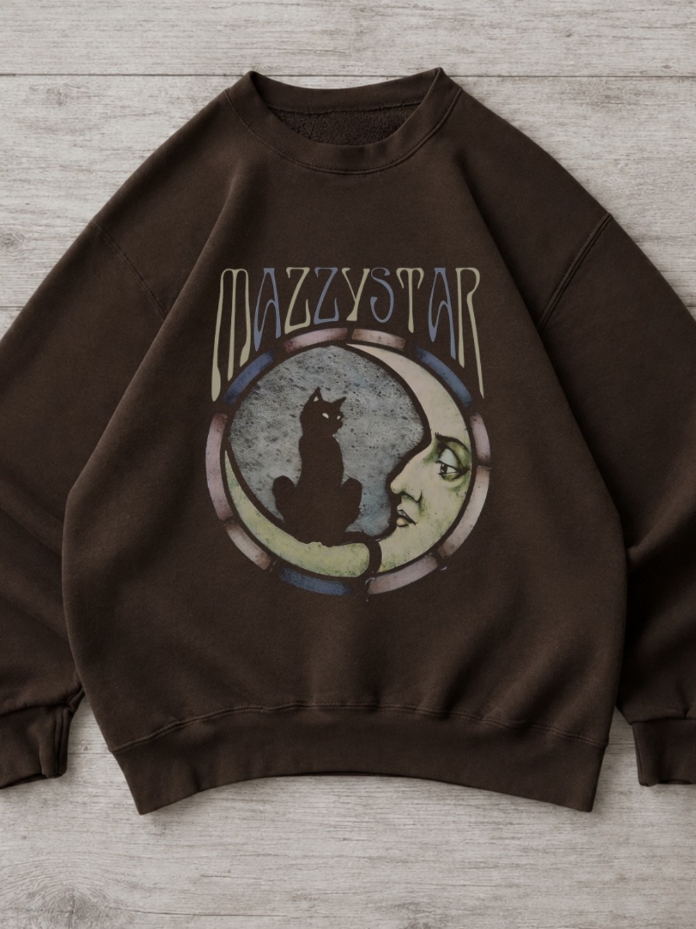Dark Brown Mazzy Star Graphic Crewneck Sweatshirt with Moon & Cat Motif